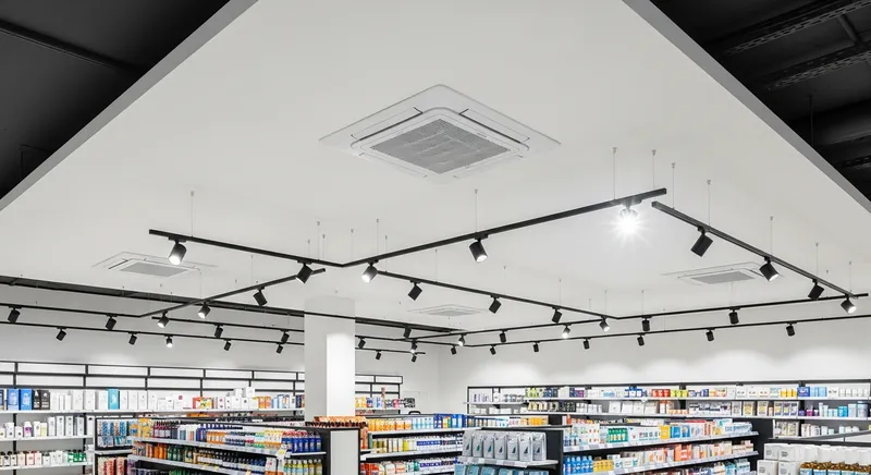 Монтаж кассетного кондиционера Gree в магазине, Москва Кассетный кондиционер Gree в подвесном потолке торгового зала, Москва — фасадные работы и монтаж наружного блока на крыше