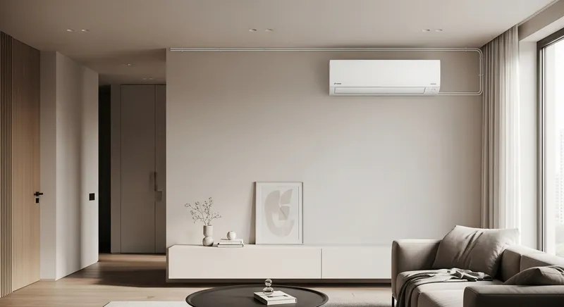 Установка кондиционера Daikin в ЖК Пресненский, Москва Монтаж настенной сплит-системы Daikin FTXB в гостиной ЖК «Пресненский», Москва — чистая установка без видимых коммуникаций